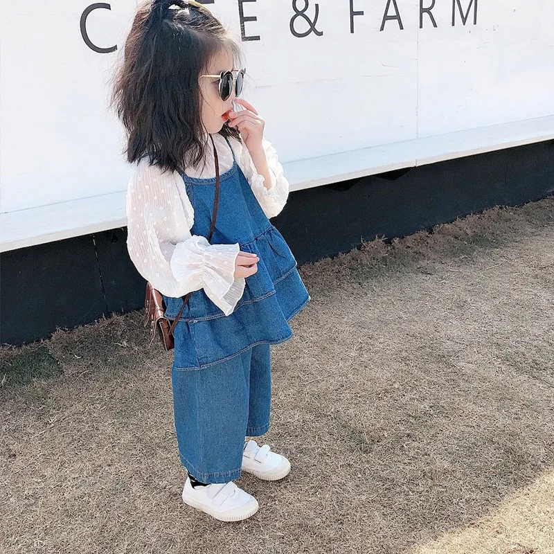 

DFXD Baby Girls Clothing Set New Arrival Spring Denim Blue Jeans Two Piece Outfit Sleeveless Vest+Wide Leg Pant Kids Sets 2-8Yrs