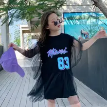 Детское платье для девочек Новая летняя модная свободная, с принтом в виде надписи платье для детей Детское Сетчатое лоскутное платье с крыльями летучей мыши, без рукавов, платье ws433