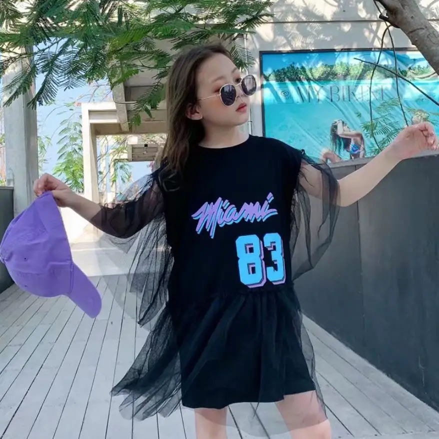 

Baby girls dress 2019 summer new fashion loose letter print dress for children kids mesh patchwork batwing sleeve dress ws433