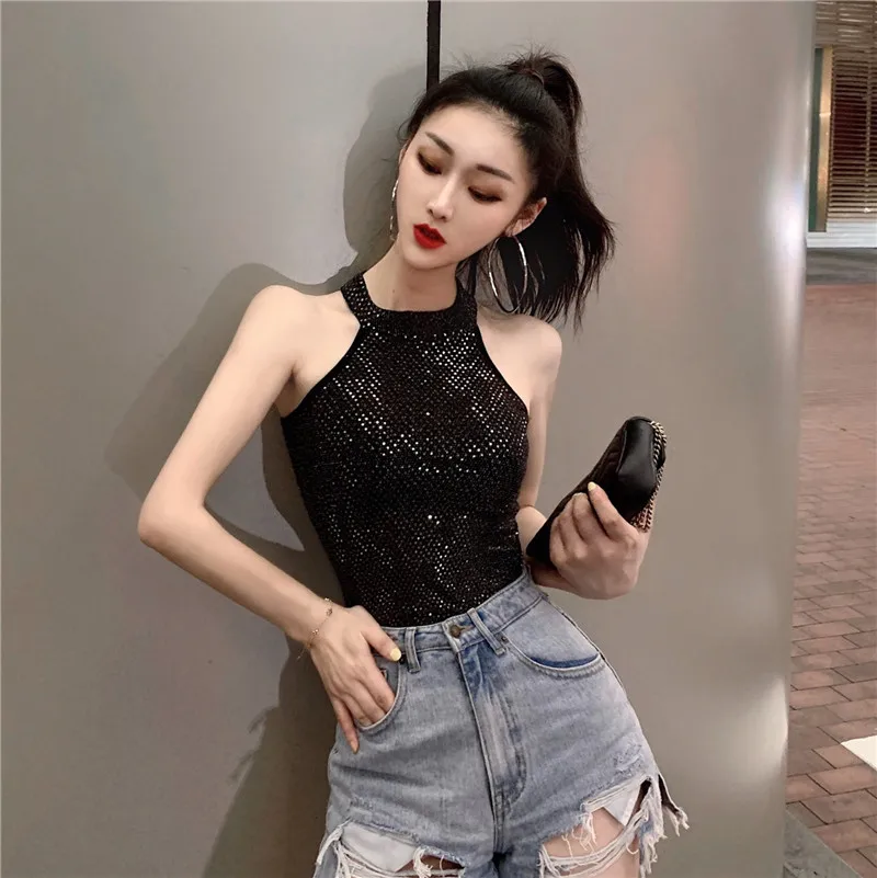 

Summer women's clothing Korean version sexy Vest sequins show collarbone hanging neck base strap vest small short outer sling