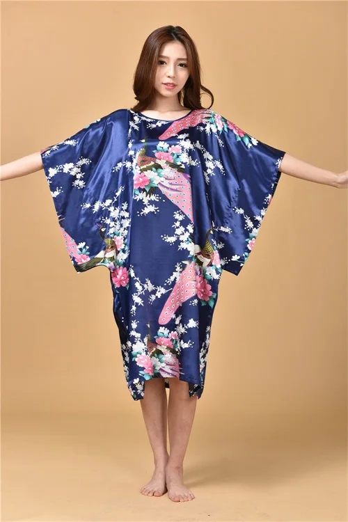 Hot Sale Chinese Women's Silk Sleepwear Robe Summer Lounge Home Dress Printed Peacock Yukata Nightgown J06