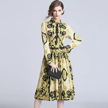 

HAMALIEL Runway Designer Women Pleated Dress Autumn Spring Printing Flower Long Sleeve Casual Turn Down Collar Dress Vestidos