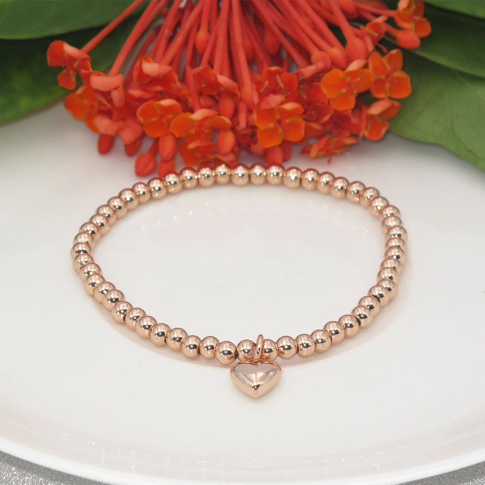 Best Selling Rose Gold Heart Charm Fit 4mm Bead Elastic Bracelet For