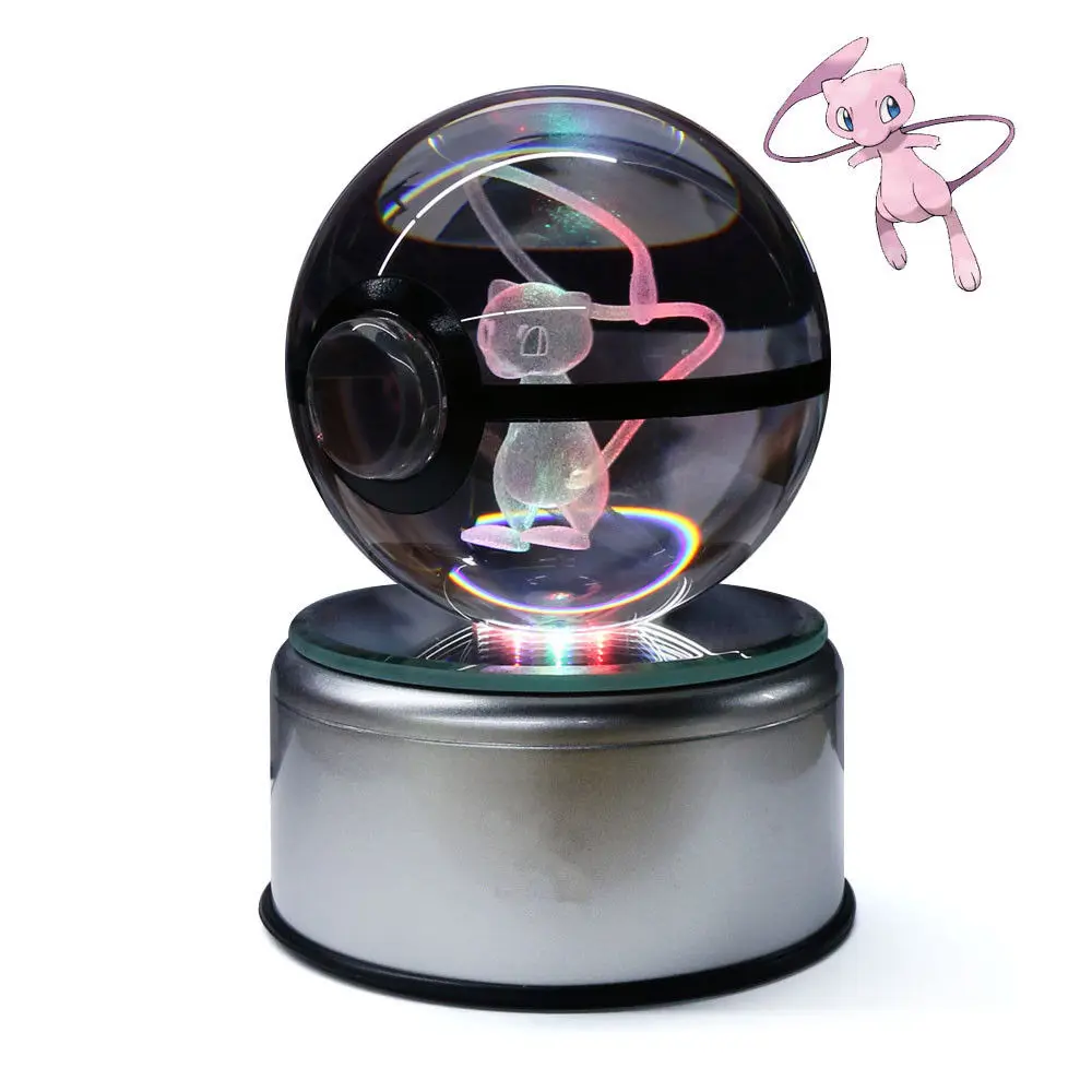 

Pokemon Crystal Ball With LED Base Creative Fashionable 3D Inside Carving K9 Crystal Pet Elf Mewtwo For Children's Gifts