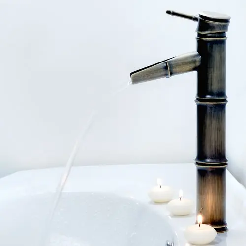 Промо-акция! Одной ручкой Ванная комната Bamboo сосуд наполнителя кран, античная латунь горячей и холодной Wat
