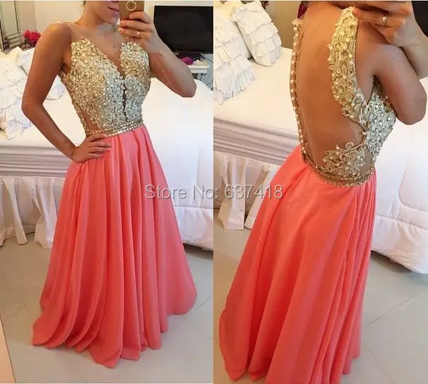 

Lace Appliques Crystals and Sequins Coral Prom Dress Illusion Open Back Elegant Long Evening Dresses Vestidos Largos Elegantes