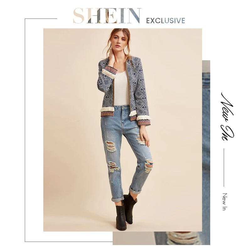 SHEIN, разноцветная куртка с бахромой, с этническим принтом, вышитая лента, пальто для женщин, осень, длинный рукав, народный принт, повседневная верхняя одежда, пальто