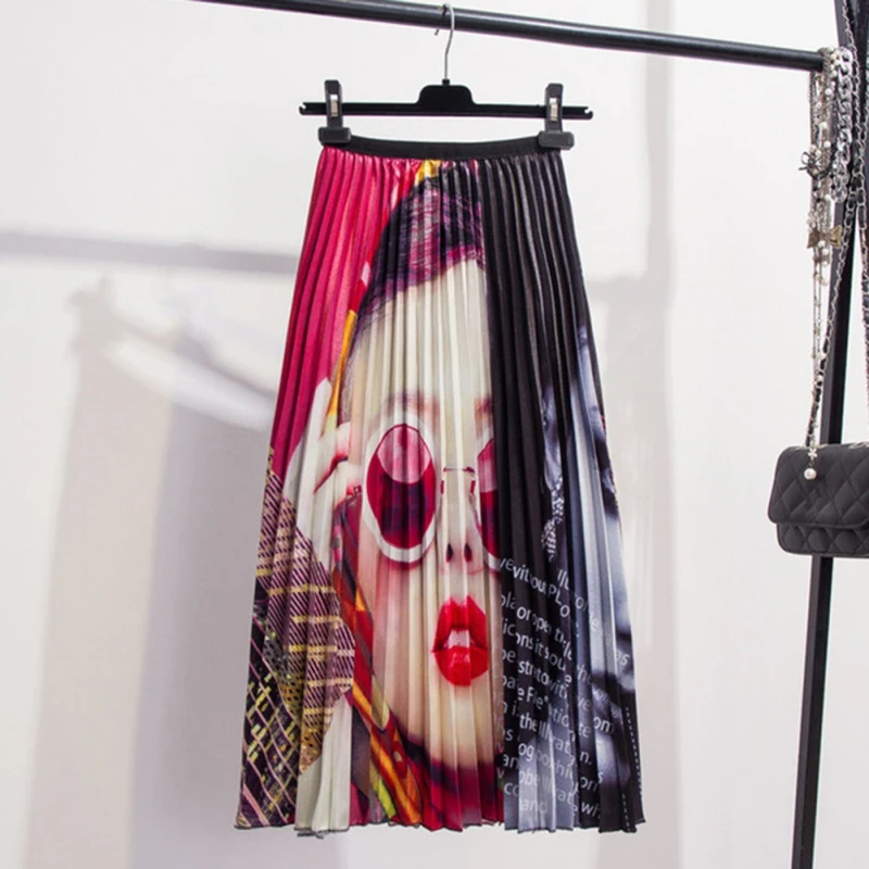 Большие размеры, модная юбка с мультяшным принтом Летние повседневные юбки женская одежда уличная Женская длинная Плиссированная Юбка Макси