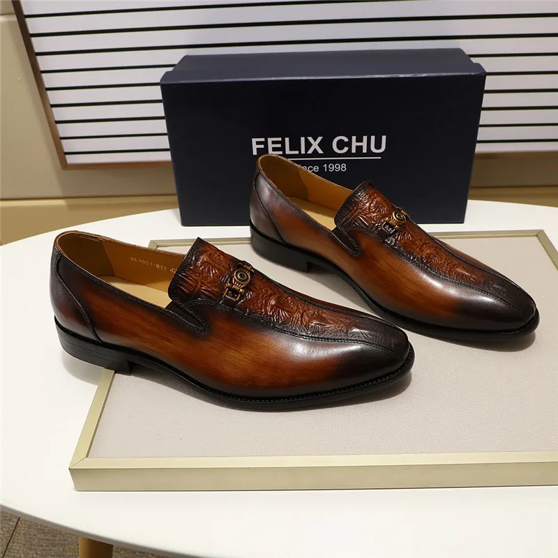 FELIX CHU/мужские коричневые модельные туфли; лоферы, Раскрашенные вручную, с велосипедным носком, из натуральной кожи; черные мужские туфли без шнуровки для свадебной вечеринки
