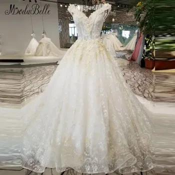 شراءModabelle مطرز أثواب الزفاف للعروس العربية الأورجانزا الفاخرة الدانتيل الأزهار عارية الذراعين فساتين الزفاف ثوب الكرة الحقيقية Foto 2018
