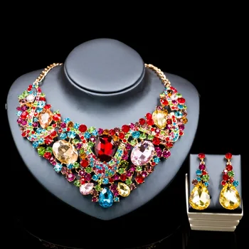 

Lan palace austrian crystal jewelry set gold color dubai Rhinestone necklace and earrings for wedding six colors free shipping