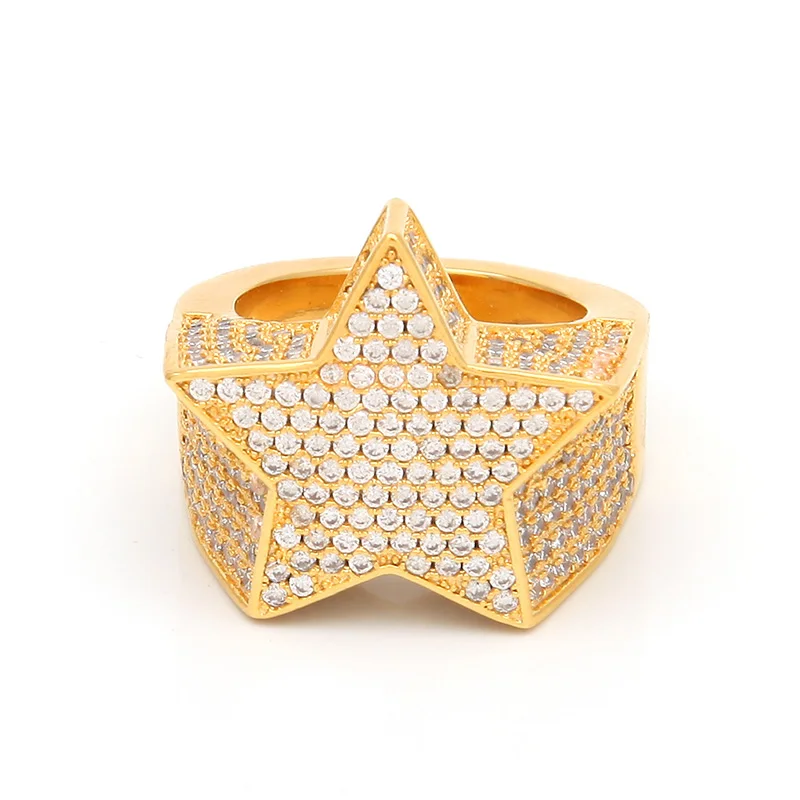 Хип-хоп AAA циркон проложили лед из Bling Star кольца серебро розовое золото кольцо с пентаграммой для мужчин и женщин ювелирные изделия подарок Прямая поставка размер 7-12 - Цвет основного камня: Gold