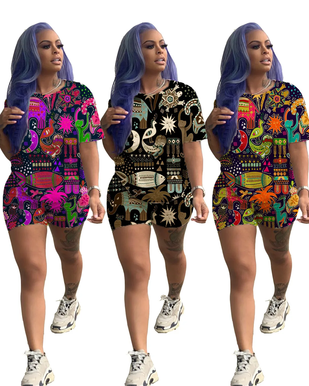 

2019 new women summer fashion cartoon animal print two pieces set fashion short-sleeved t-shirt and shorts suit tracksuit LY5061