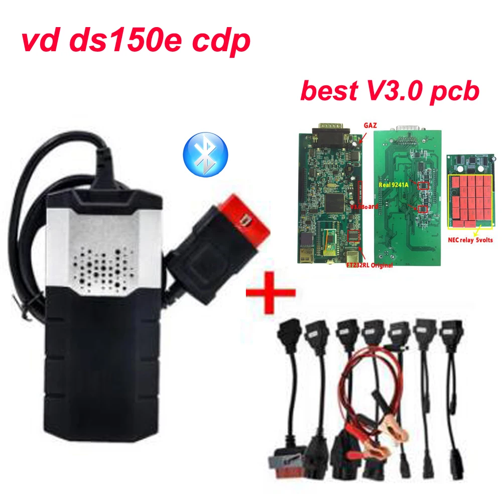 

2019 Best V3.0 PCB VD DS150E CDP 2016.0 New VCI with bluetooth keygen obd2 diagnostic tool+8 car cables for delphis for autocome