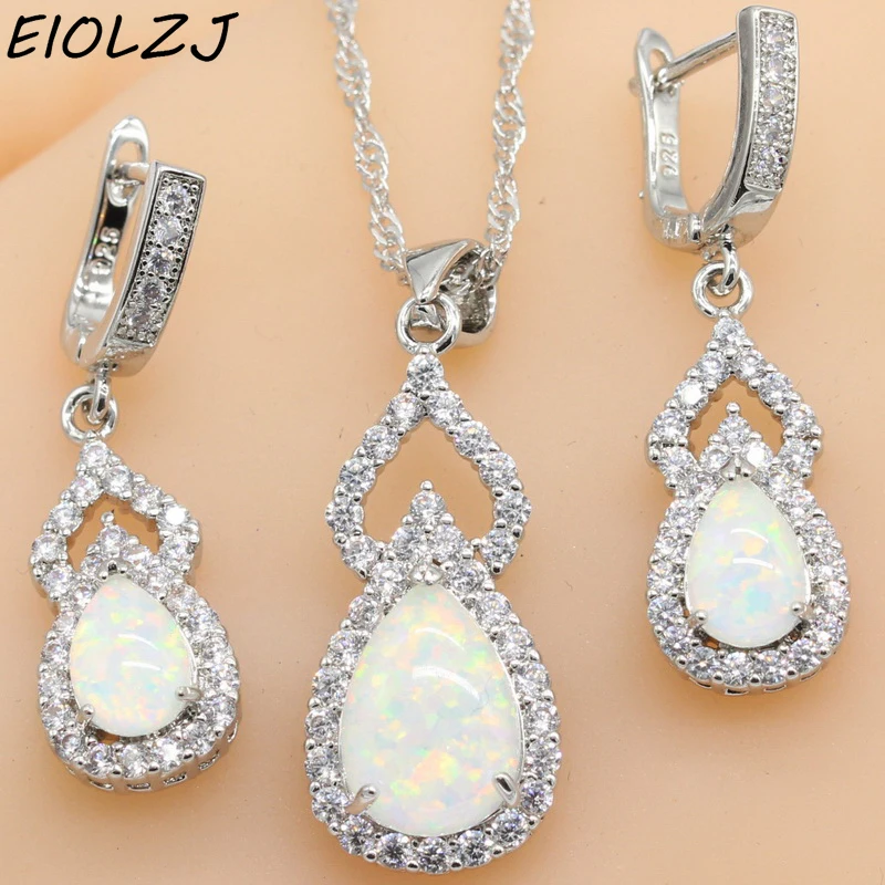 

925 Sterling Silver Necklace Sets For Women Geometric White Opal Bridal Earring Sets Dangle Earrings Choker Gift Box Free Ship