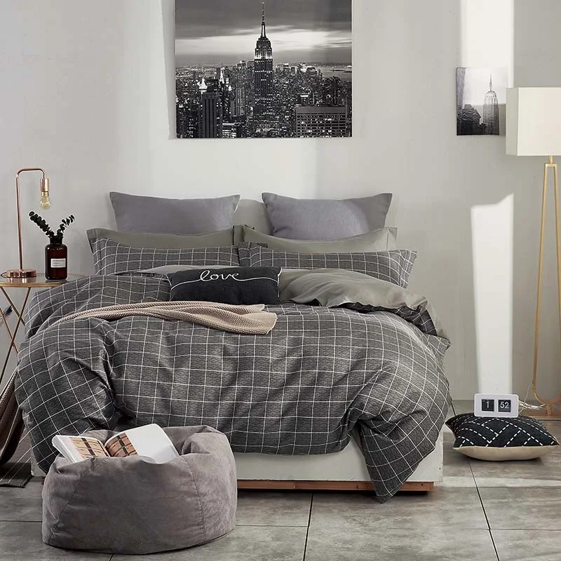 

Reversible 100%Cotton Twin Queen size Duvet Cover Bedding Set for Kids Adults Fitted Bed sheet Grey Navy Ultra Soft Breathable