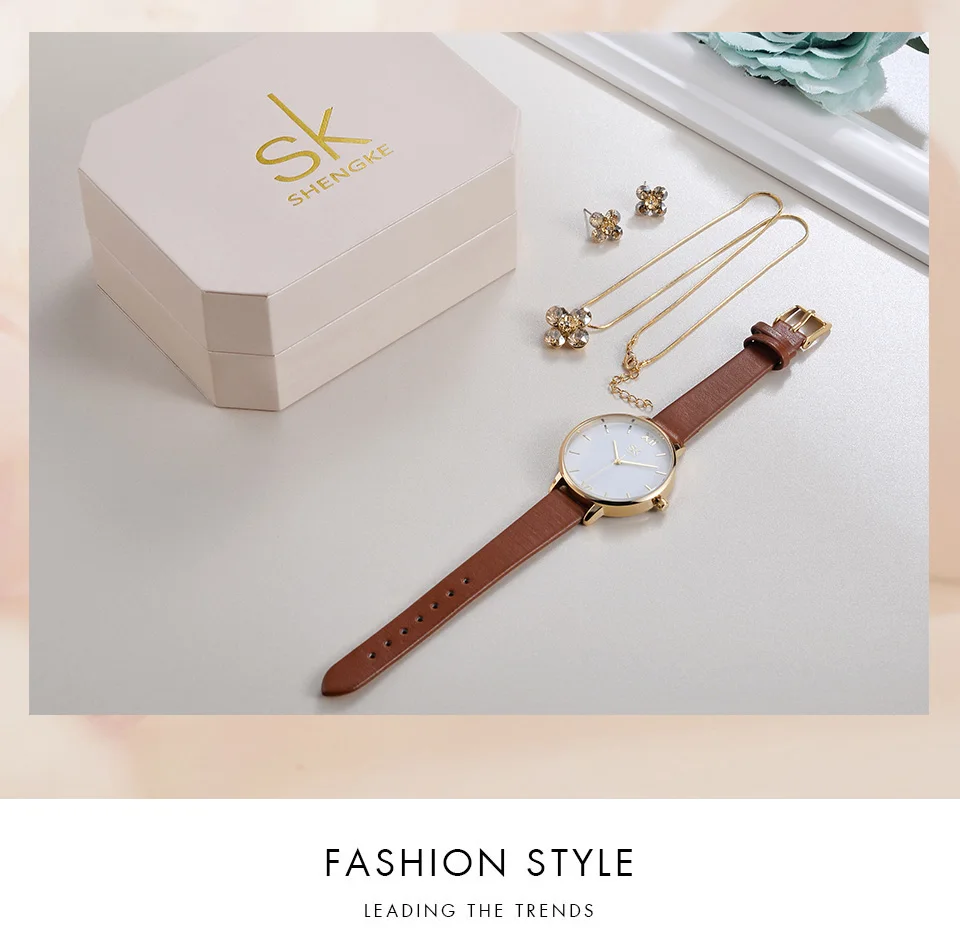 Shengke, креативный Женский Золотой набор, Кристальные серьги, ожерелье с дамскими кварцевыми часами, новинка, SK, женский браслет, часы, набор, подарки