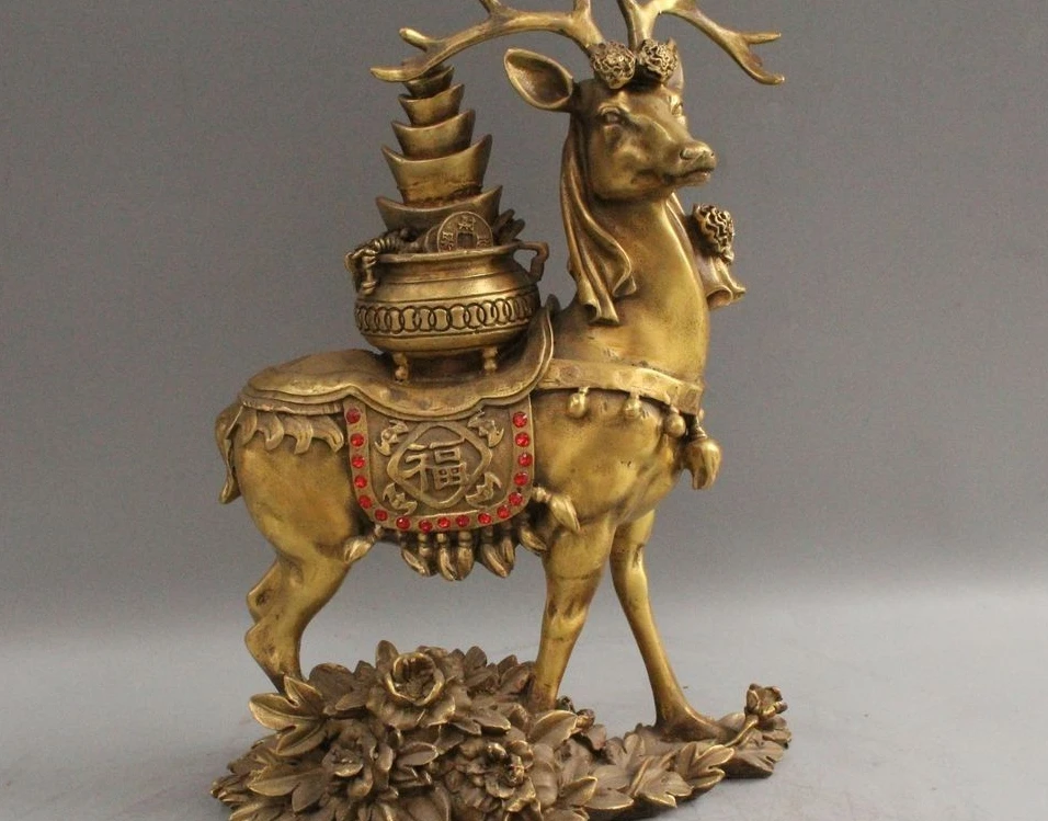 

10.5" China Chinese Folk Fengshui Brass Flower Deer Fu treasure bowl Wealth
