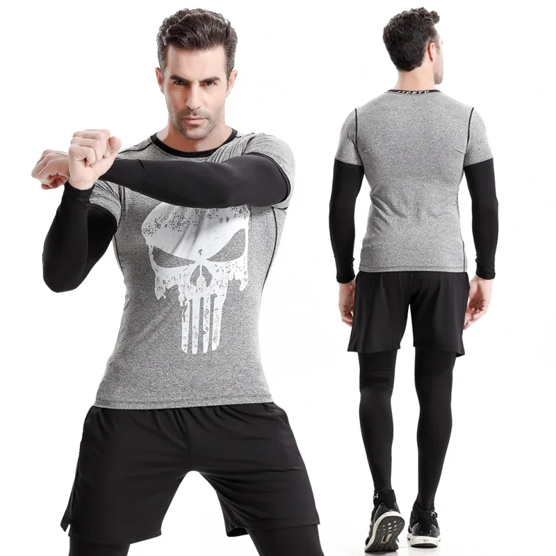 4pcs=1Set Sports Running Fitnesssuit men's long sleeved tight T Shirt
