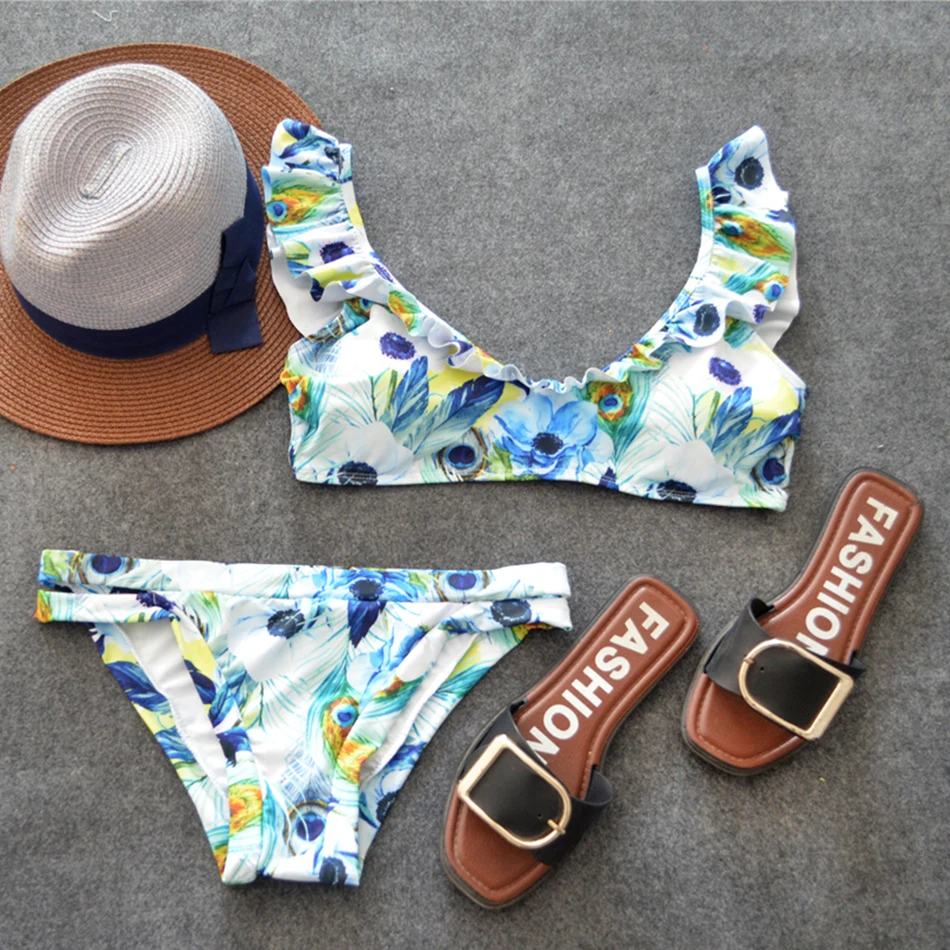 OM 2018 New Style Sexy Ruffle Floral Print Lace One Piece Swimsuit Women Bathing Suit Brazilian Swimwear Monokini Beach Wear picture