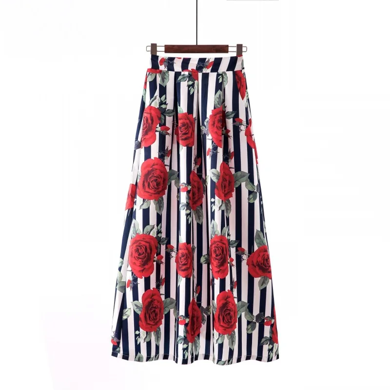 Цветочные Длинные Юбки Женская Макси юбка в пол высокая талия эластичная с карманами винтажная полосатая летняя юбка плюс размер - Цвет: 1090-15blue