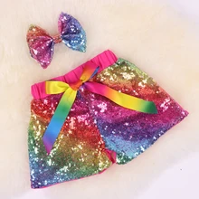 Новые(с двух сторон блестящие) шорты с блестками для маленьких девочек Детские блестящие шорты на день рождения с Сатиновыми бантами, Детская летняя одежда