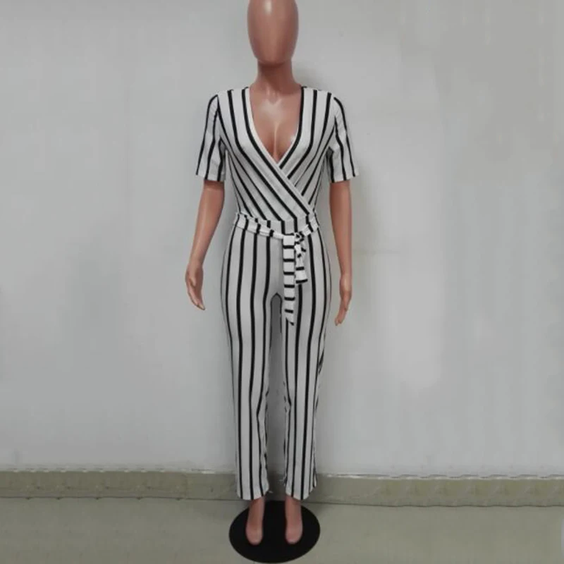 2018 Fashion Deep V One Piece Striped Women Overalls Waist Belted Wide Leg Office Sexy Bodysuit Bodycon Summer Elegant Jumpsuit 2018 Fashion Deep V One Piece Striped Women Overalls Waist Belted Wide Leg Office Sexy Bodysuit Bodycon Summer Elegant Jumpsuit