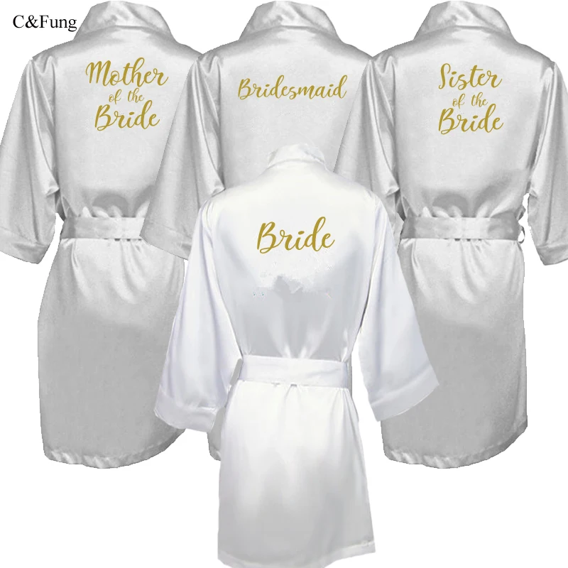 

C&Fung silver robe with gold writing sister mother bride kimono robe bridesmaid white pink wedding satin robes bride S-XXL