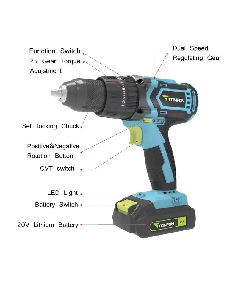 Tonfon 3 в 1 20 В аккумуляторная ударная дрель аккумуляторная электрическая отвертка дрель с битами мощный инструмент