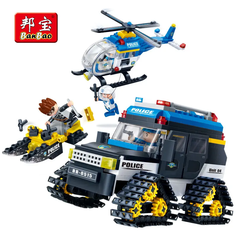 

BanBao 7013 Police Snowfield Chase Car Pullback Helicopter Building Blocks Educational Bricks Model Toy For Children Kids Friend
