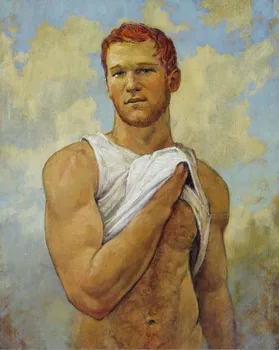 

Old artist hand-painted oil on canvas: body art model, charming muscular man. Free Delivery