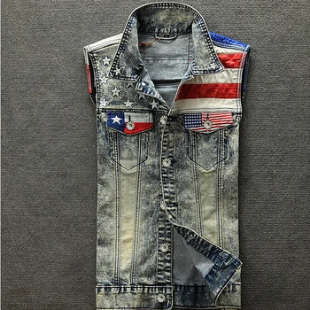 

2017 New Arrival Men's Denim Vest Jeans Vest Men Cowboy Vest Denim Sleeveless American Flag Patchwork Jacket For Men