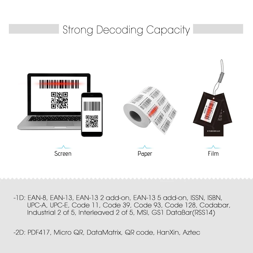 Aibecy ماسح الباركود اللاسلكية usb السلكية 1d 2d qr pdf417 الباركود قارئ الباركود ماسحة الصور 130,000 جرد الذاكرة