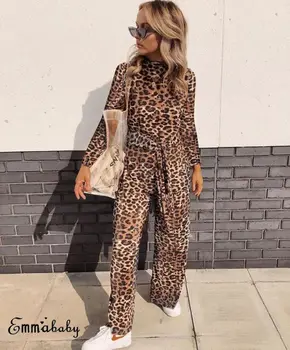 

Fashion Women Leopard Print Bodycon Bandage Jumpsuit Romper Wide Leg Long
