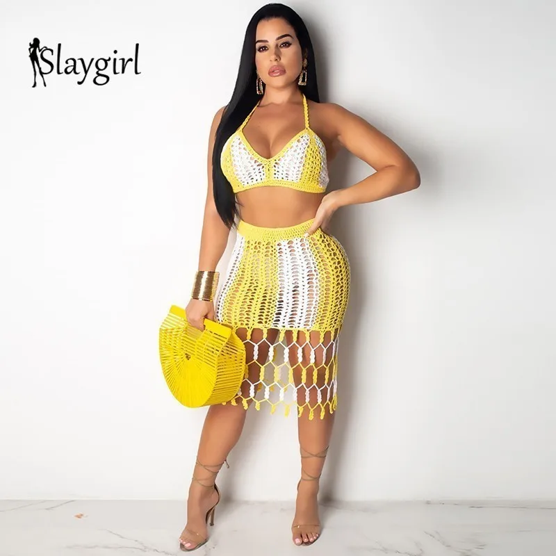 

Slaygirl 2019 Fabric Sexy Knitted Set Hollow Out Club Two Piece Set Mesh Crop Tops Skirt 2 Piece Set Women Patchwork Tassel