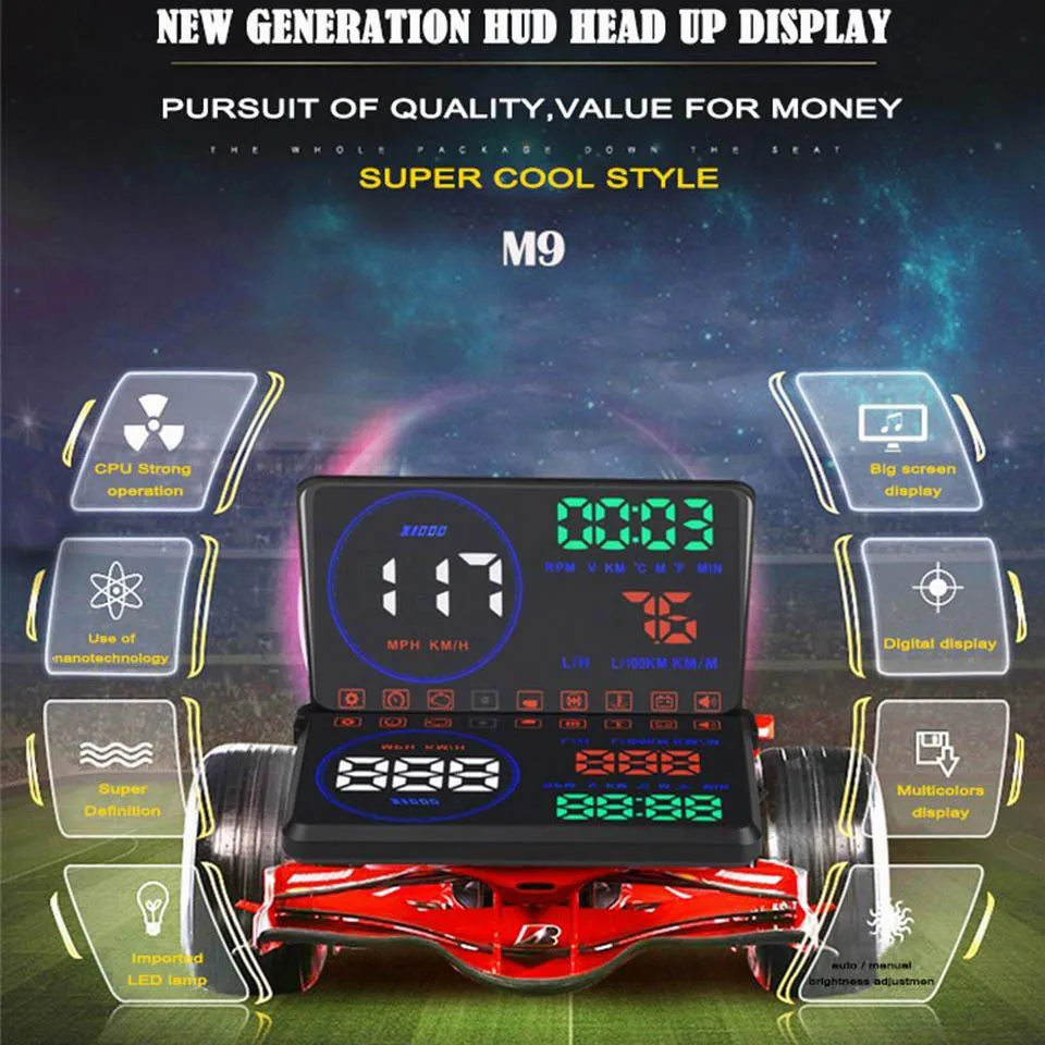 Автомобильный проектор VJOYCAR M9 дисплей HUD на лобовое стекло 5 дюйма OBD2 EUOBD данных о