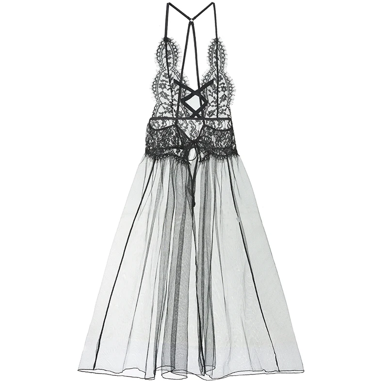 

shaonvmeiwu Sexy lace net gauze see-through sleeping skirt thin and translucent seduction condole belt sleeping gown