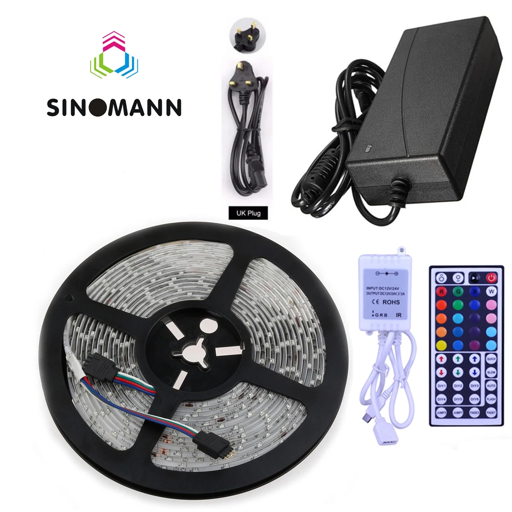 buy led light strips rgb led 5050 waterproof 5M lots 60 leds m 300 LEDs lots ledstrip +44 Key IR Remote+12V 5A power for home deco