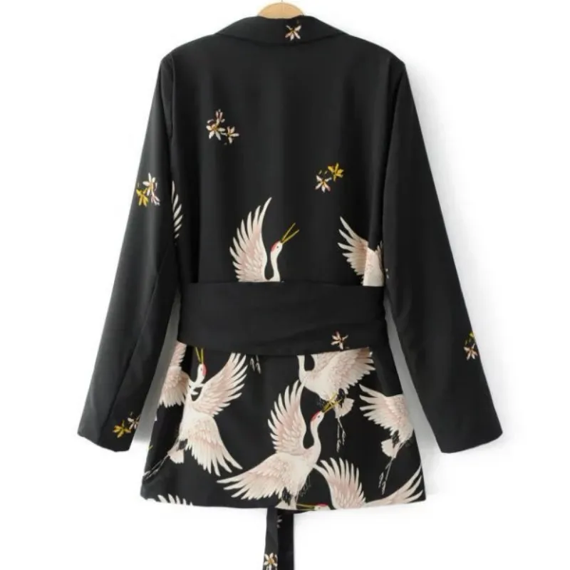 2019 New  Womens Suits Black Autumn  Blazer Set Printing Lace-up Street Fashion Nine-point Wide-leg Trouser Belt