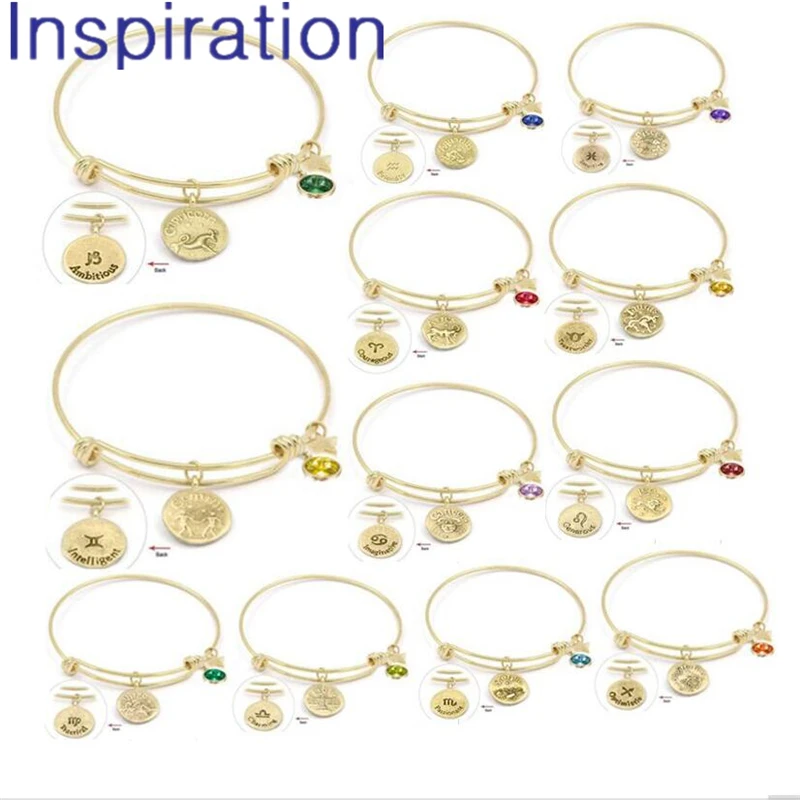 

Expandable Wire Bangle 12 Constellation Charm Bracelet Gold Color Zodiac Signs Dangle Charms Bangles Gift for Birthday