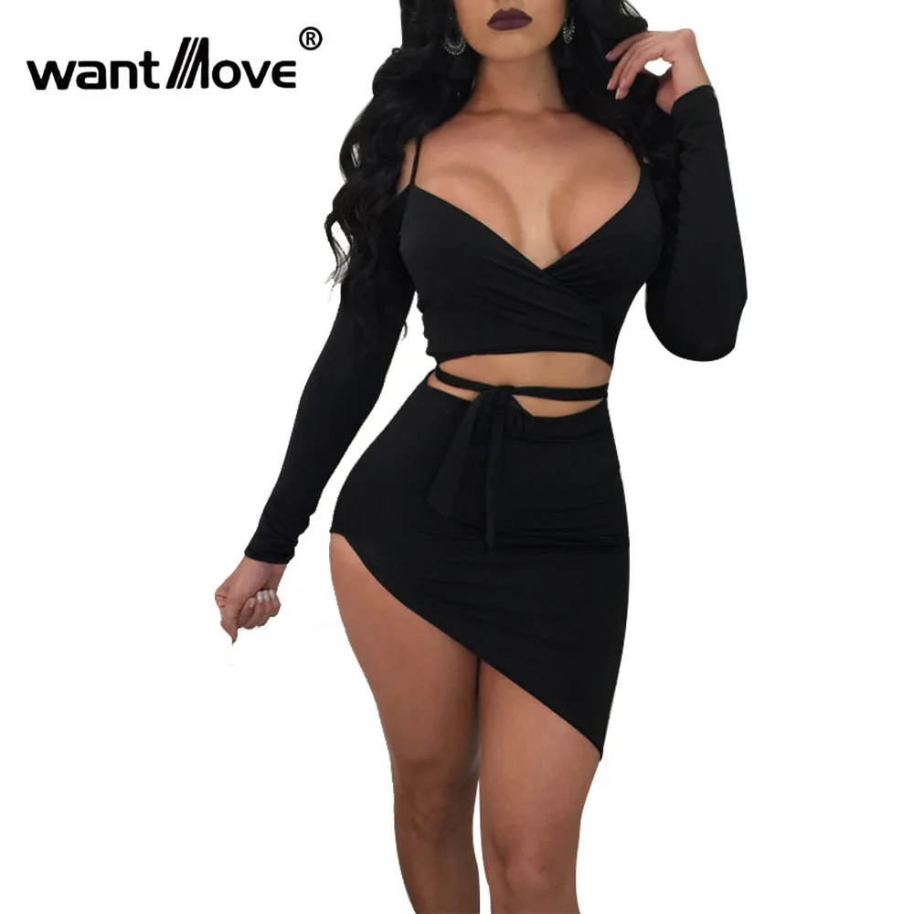 Wantmove جديد أزياء المرأة غير النظامية تنورة مجموعات مثير طويل كم v veck السباغيتي حزام أعلى عالية الخصر bodycon مجموعة نادي الغولف للشابات WM408 Wantmove جديد أزياء المرأة غير النظامية تنورة مجموعات مثير طويل كم v veck السباغيتي حزام أعلى عالية الخصر bodycon مجموعة نادي الغولف للشابات WM408