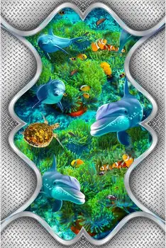 

Custom 3d wallpaper 3d ceiling wallpaper murals underwater world dolphins and sea turtles algae zenith ceiling murals wall decor