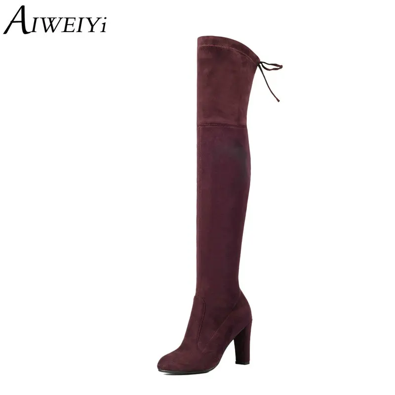 

AIWEIYi 2018 Black Round Toe Lace Up Over The Knee Boots Scrub Square High Heel Women Shoes Winter Snow Boots size 34-43