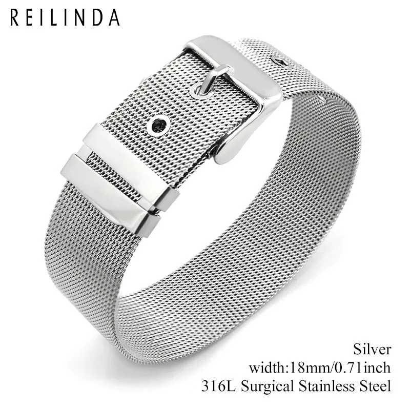 8mm/10mm/18mm Stainless Steel Mesh Wristband Bracelet DIY Slide Charms Bracelets For Women Men Gift - Окраска металла: 18mm Silver