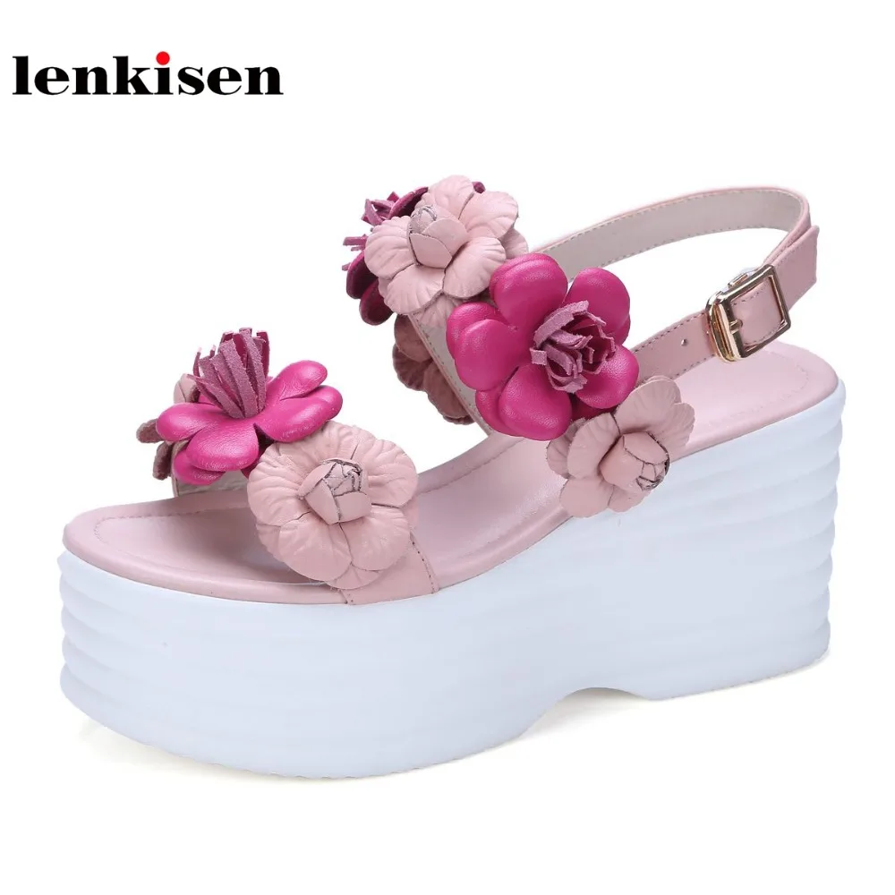Lenkisen 2018 cow leather super high heels platform appliques casual summer shoes working seaside beach wedges women sandals L60 lenkisen genuine leather big size wedges summer shoes gladiator super high heels straw platform sweet style women sandals l45