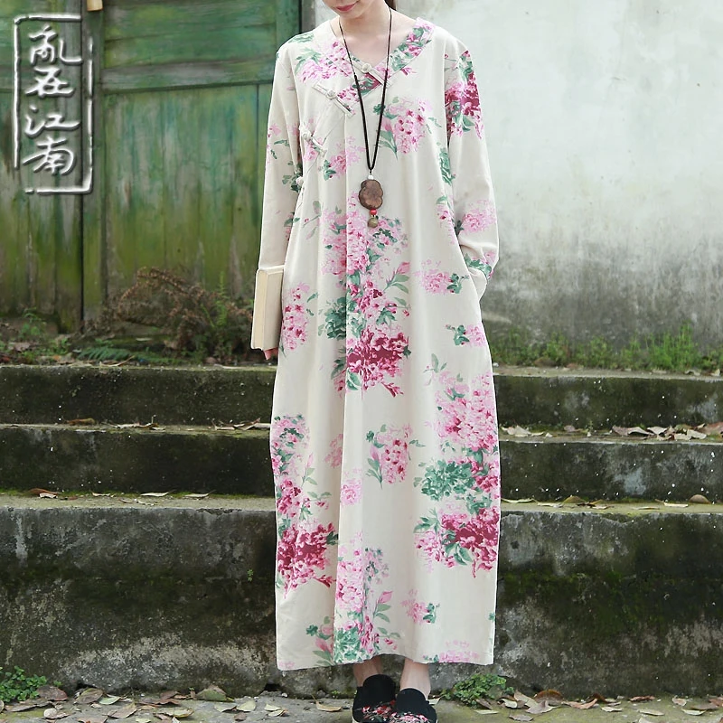 

Spring Autumn Chinese style Slanting lapel frog dress textured cotton linen long robe