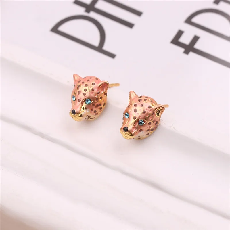 

Fashion Personalized Leopard Head stud Earrings Women Girls Pink Animal Shaped Blue crystal Earrings Fashion Female Jewelry Gift