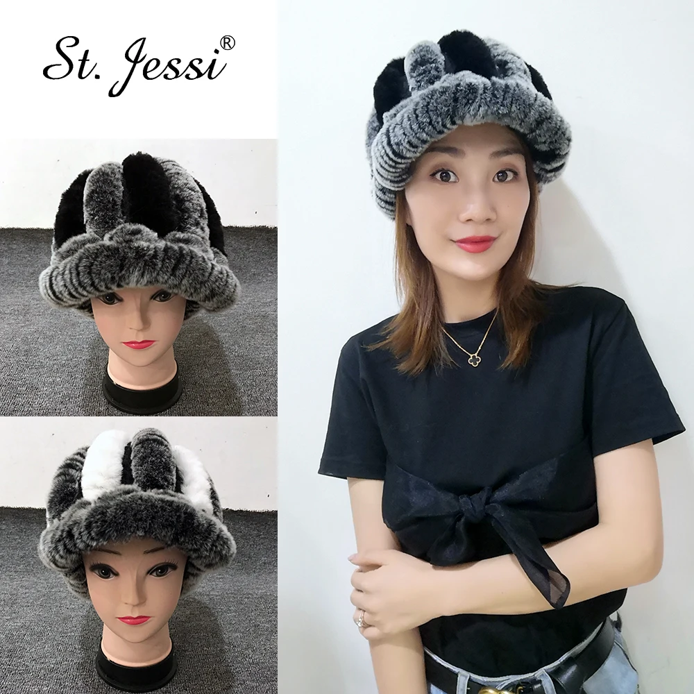 

ST Jessi Women's Peaked Fur Hat Natural Knitted Real Rex Rabbit Fur Cap Russian Thick Stripe Warm Windproof Baseball Winter Cap