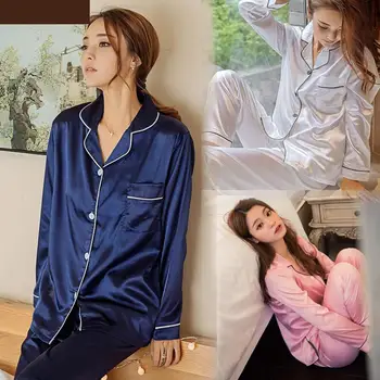 

2017 Autumn spring Women Silk Satin Pajama Sets Long Sleeve Sleepwear Set Two-pieces Big Size V-neck Breathable Pyjamas