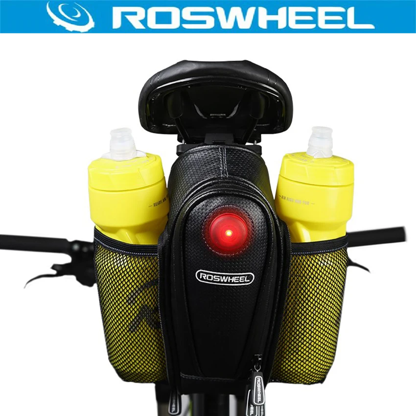 

ROSWHEEL Bike Tail Bag Seatpost Pouch Two Water Bottle Bicycle Saddle Storage Cycling MTB Rear Pannier Bags w/LED Tail Light